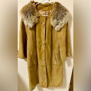 Vintage Penny Lane 60s Camel Suede Leather Coat - Fur Collar Pockets Retro Hot